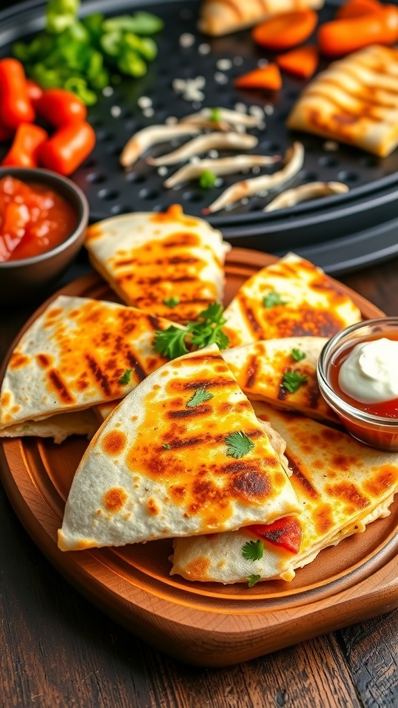 Golden-brown chicken quesadilla wedges on a wooden platter with salsa and sour cream.